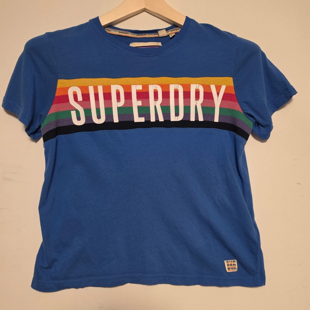 Superdry Rainbow Stripe Graphic Logo Blue Crew Neck T-Shirt Size 4 Small
